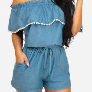 Off Shoulder Ruffled Denim Romper